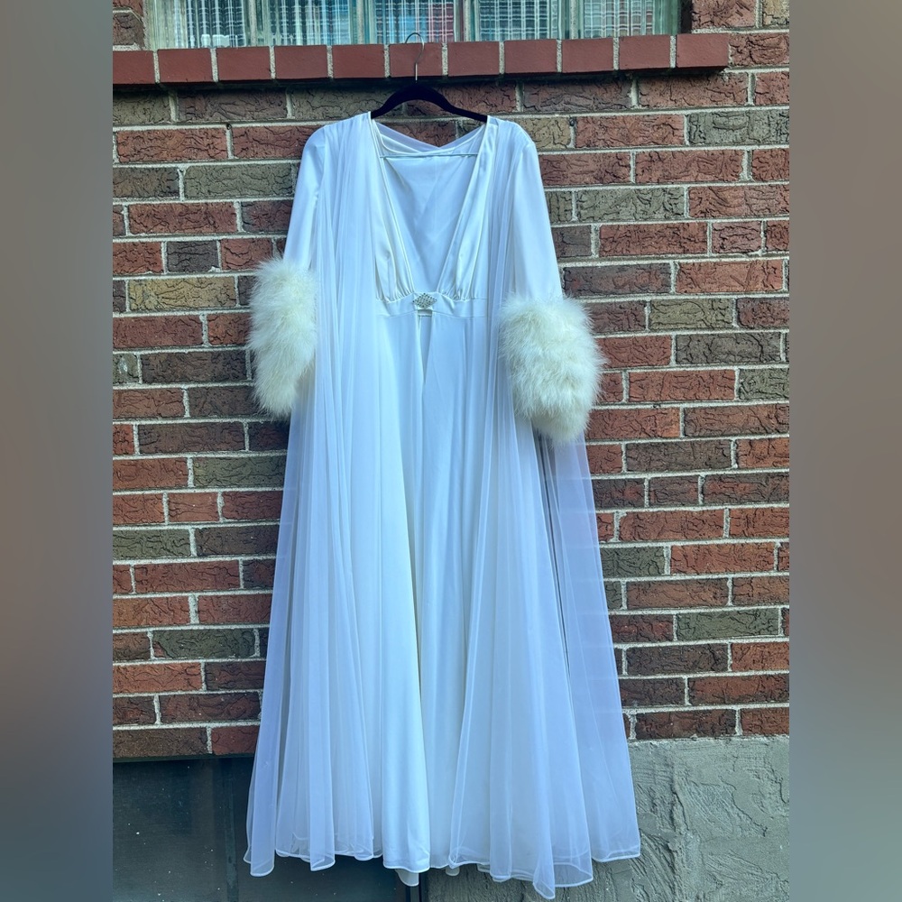 Vintage 60s Claire Sandro For Lucie Ann Marabou Feather Peignoir Set 2 Pieces-SM